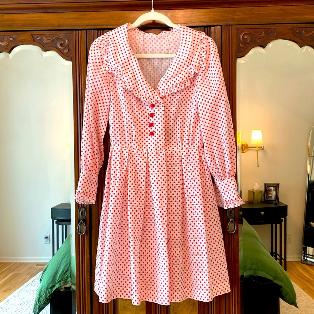 Handmade, red and white polkadot dress probably a size medium.